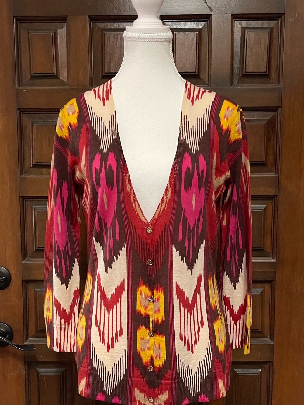 Tory Burch 100% Wool Ikat V-Neck Gold Button-down Cardigan NWOT Size L
